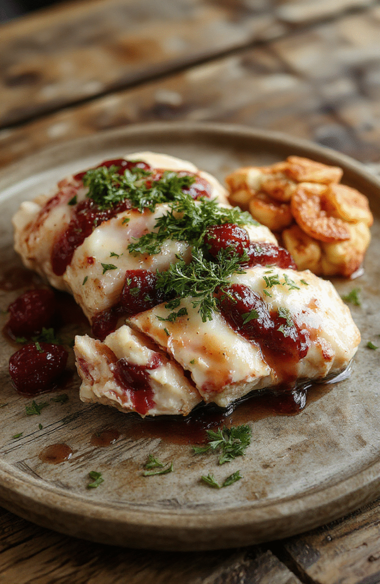 A beautifully plated dish featuring tender chicken breast topped with melted Brie cheese and vibrant cranberry sauce, garnished with fresh herbs. The plate sits on a rustic wooden table with a sprig of rosemary for decoration, the cranberry sauce glistening and the cheese perfectly gooey, creating an inviting holiday presentation