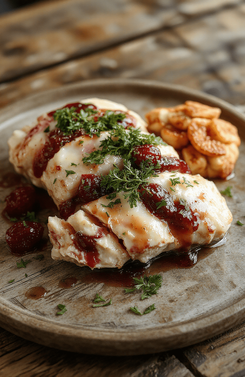 A beautifully plated dish featuring tender chicken breast topped with melted Brie cheese and vibrant cranberry sauce, garnished with fresh herbs. The plate sits on a rustic wooden table with a sprig of rosemary for decoration, the cranberry sauce glistening and the cheese perfectly gooey, creating an inviting holiday presentation