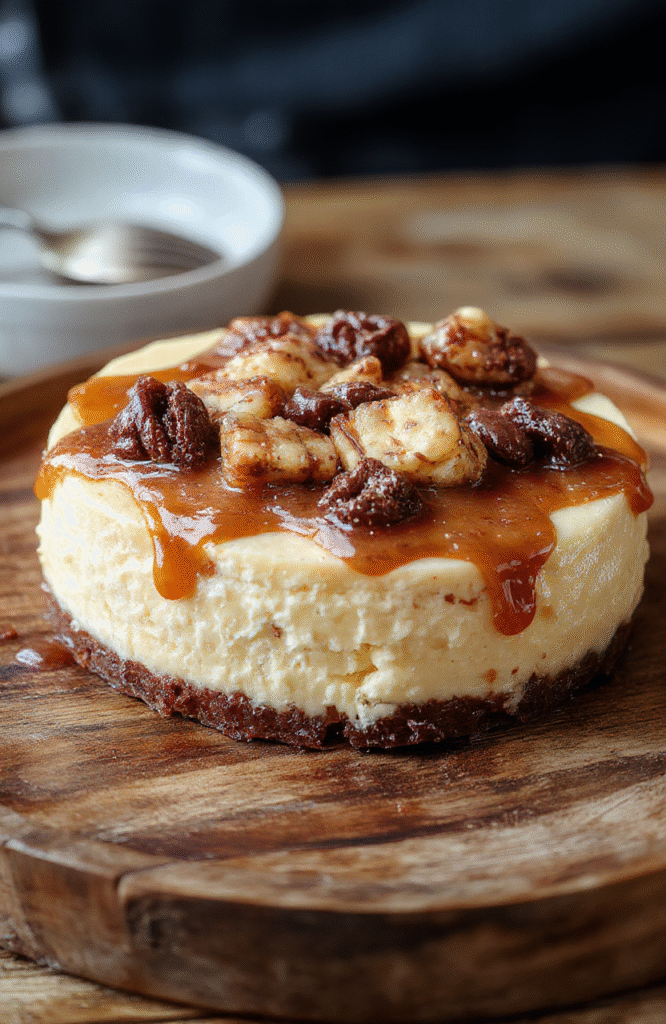 A luscious slice of turtle cheesecake on a rustic wooden plate, topped with glossy caramel and rich chocolate drizzle, sprinkled with chopped pecans, set against a cozy, softly lit background with a caramel-colored backdrop, highlighting the creamy texture and indulgent toppings.