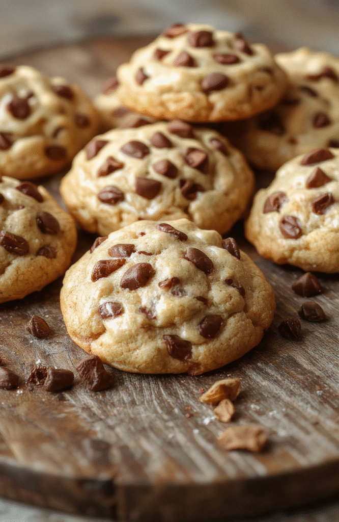 A close-up of golden-brown coffee cake cookies topped with cinnamon sugar, arranged on a rustic wooden plate, with a warm cup of coffee in the background. The cookies have a crumbly texture with a hint of cinnamon and sugar crystals visible, styled on a cozy holiday table with soft natural lighting.