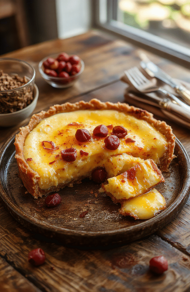 A beautifully plated slice of golden baked custard pie with a caramelized top, garnished with fresh berries and a dusting of powdered sugar, set on a rustic wooden table with soft natural lighting that highlights the creamy filling and flaky crust.