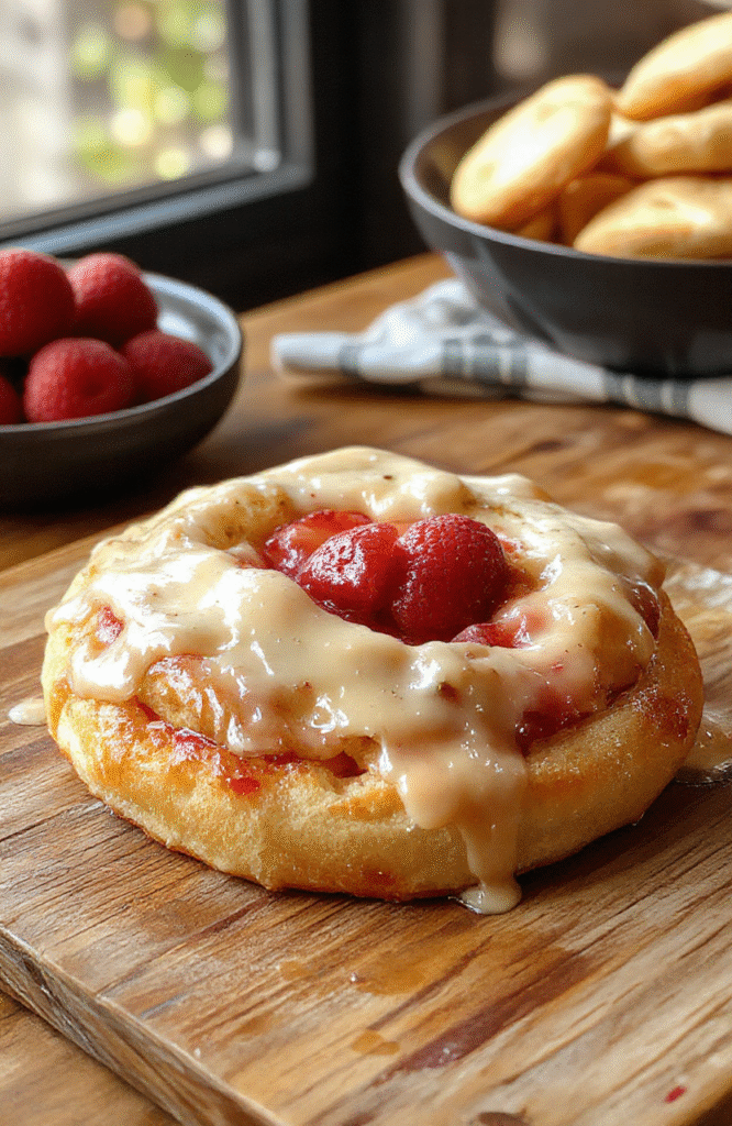 A vibrant, flaky strawberry Danish pastry topped with glossy fresh strawberries and drizzled with icing, beautifully plated on a rustic wooden board with soft natural lighting highlighting the golden layers and luscious fruit.