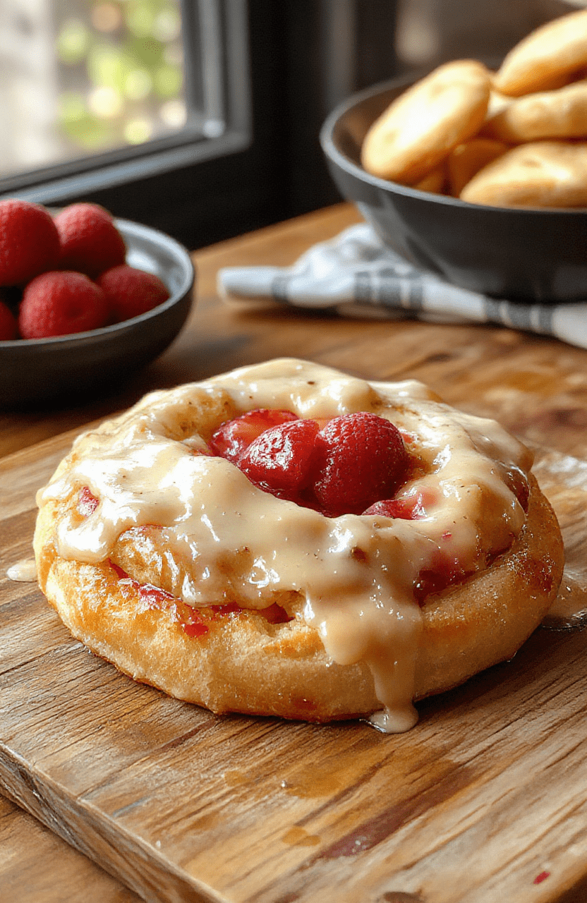 A vibrant, flaky strawberry Danish pastry topped with glossy fresh strawberries and drizzled with icing, beautifully plated on a rustic wooden board with soft natural lighting highlighting the golden layers and luscious fruit.