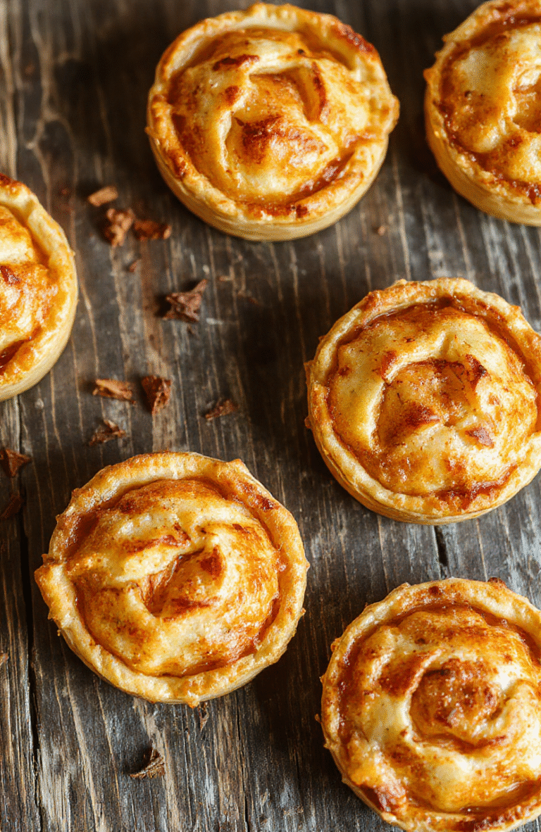 Colorful mini apple pies arranged on a rustic wooden platter with golden, flaky crusts and vibrant apple filling visible. Fresh apple slices and cinnamon sticks surrounding the pies add warmth and cozy appeal. The pies are dusted with powdered sugar and styled on a neutral background with soft natural lighting highlighting the textures and inviting appearance.