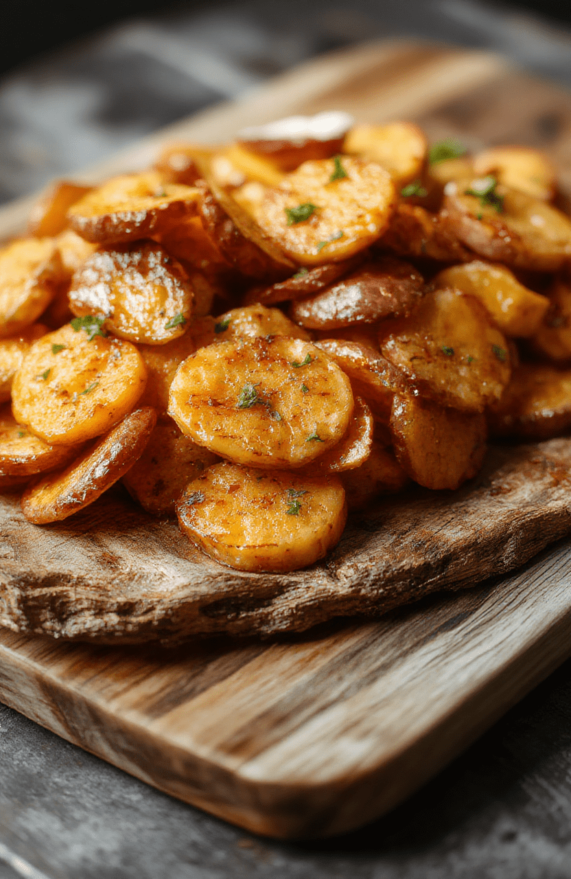 Colorful sweet potato rounds displayed on a rustic wooden platter, golden-brown edges, crispy texture, garnished with fresh herbs, styled with a complementary napkin and utensils.