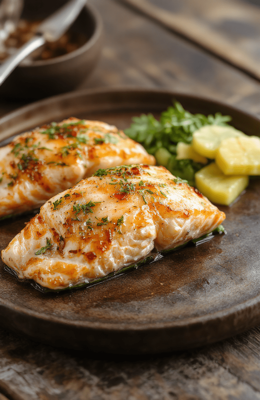 A colorful plate featuring a perfectly baked salmon fillet topped with bright pineapple chunks, garnished with fresh herbs and served alongside a vibrant vegetable medley. The dish is set on a rustic wooden table, highlighting the glossy, golden-brown salmon with caramelized pineapple slices. The presentation emphasizes freshness, juiciness, and tropical flavors, styled simply for a casual yet appetizing look.