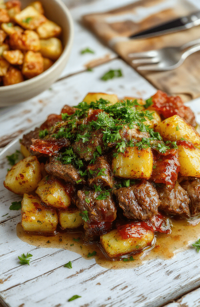 A close-up photo of a rustic plate featuring crispy roasted potatoes topped with tender beef strips and crispy bacon bits, garnished with fresh herbs. The dish is presented on a wooden table with a warm, inviting atmosphere, highlighting textures of crispy potatoes and juicy meat with a slight sheen and colorful herbs for contrast.