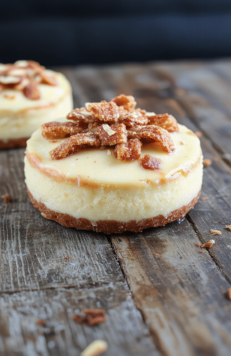 A vibrant cheesecake topped with crispy cinnamon churro pieces, drizzled with caramel, on a rustic wooden platter. Brightly colored sprinkles and cinnamon dust surround the dessert, with a textured creamy surface contrasting the crunchy churro toppings, styled simply for an inviting look.