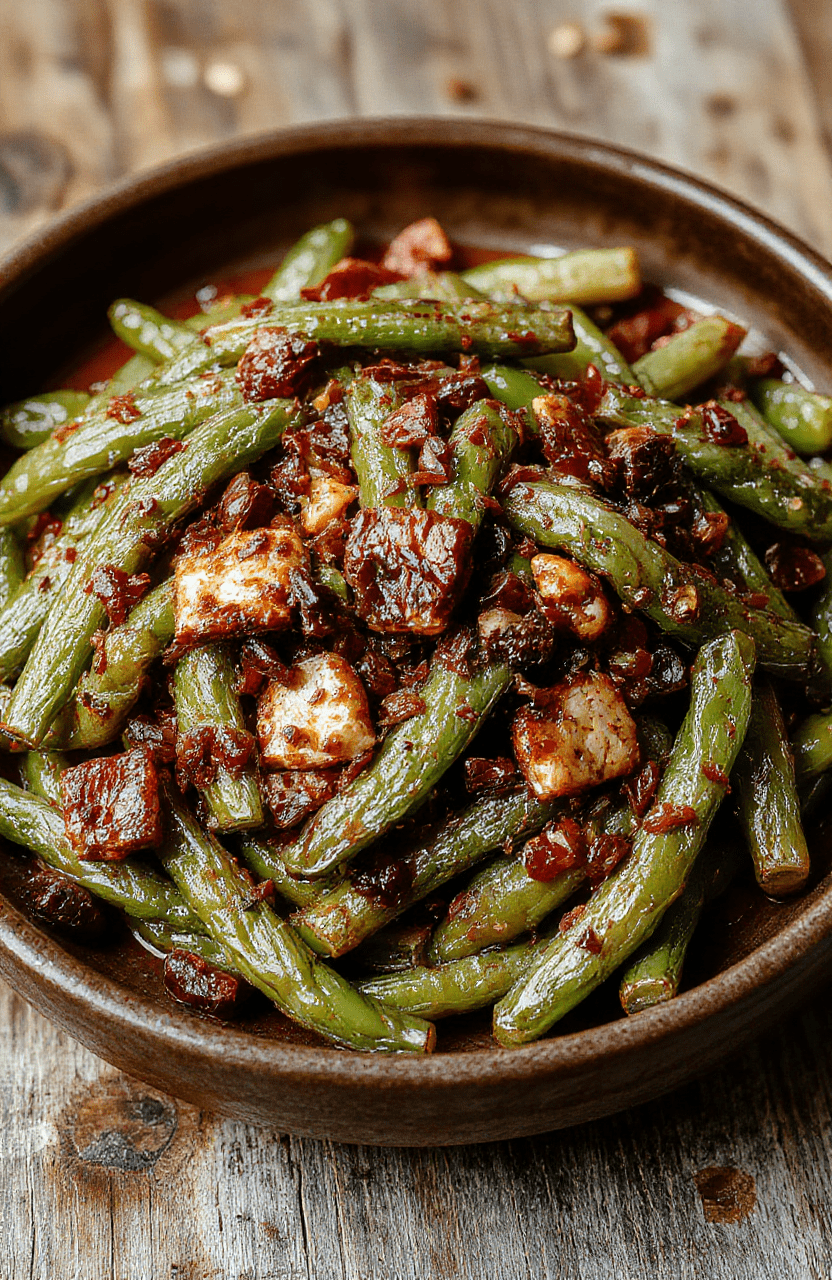 A vibrant bowl of green beans cooked to perfection, topped with crispy bacon bits and garlic, arranged with a drizzle of olive oil. The dish is plated on a rustic wooden table, emphasizing its fresh, crispy texture and appetizing color, styled with minimal garnishes for an inviting look.