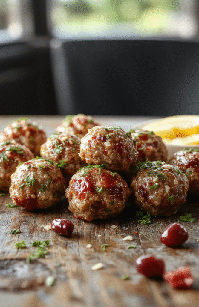 A vibrant plate of cranberry meatballs expertly arranged with a glossy glaze, garnished with fresh parsley and sprigs of cranberries, set on a rustic wooden table with festive decorations in the background, showcasing a colorful and appetizing presentation with sticky textures and a hint of holiday cheer.