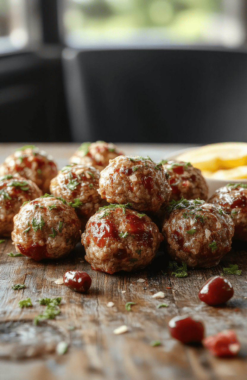 A vibrant plate of cranberry meatballs expertly arranged with a glossy glaze, garnished with fresh parsley and sprigs of cranberries, set on a rustic wooden table with festive decorations in the background, showcasing a colorful and appetizing presentation with sticky textures and a hint of holiday cheer.