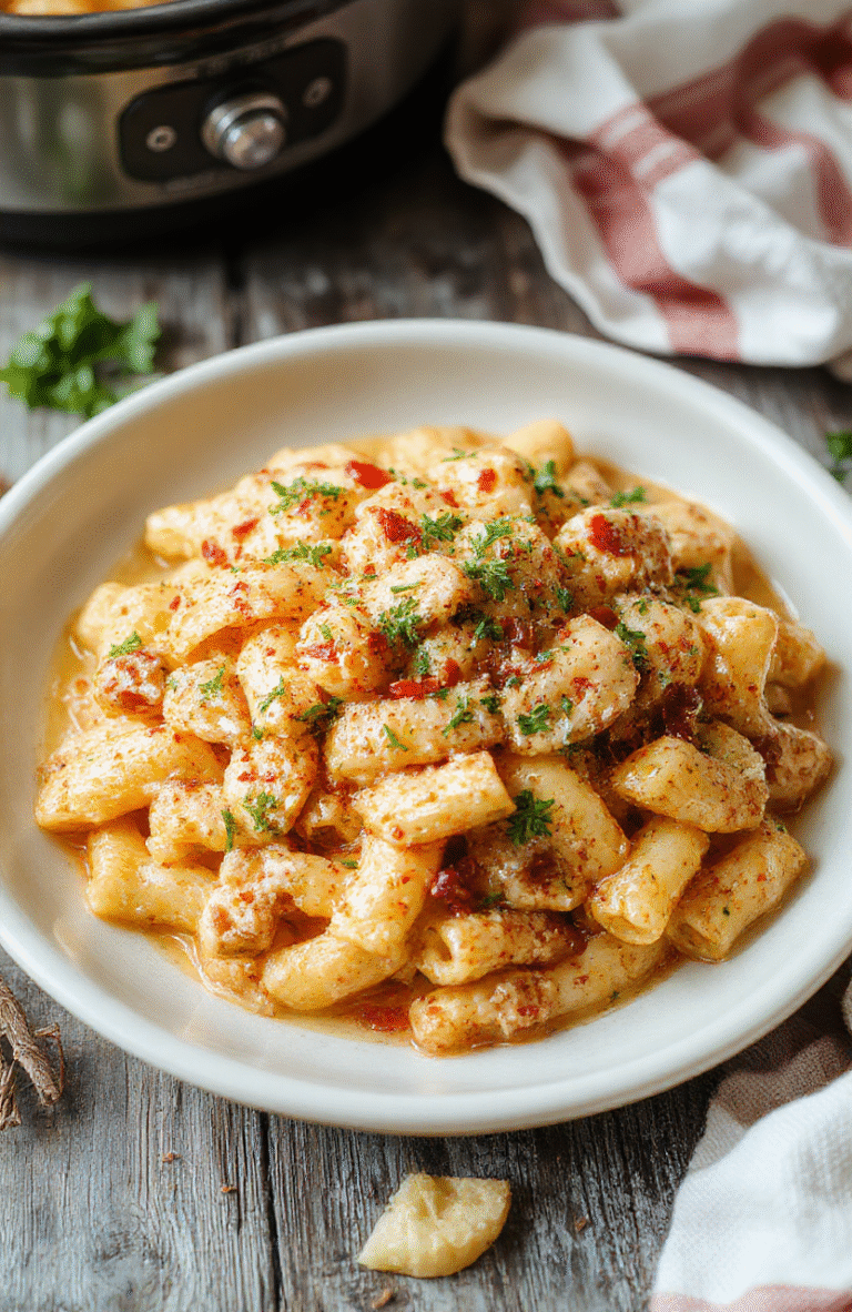 A vibrant plate of creamy Cajun pasta featuring al dente linguine coated in a spicy, creamy sauce, garnished with chopped green onions and sliced red peppers, all on a rustic wooden table with a sprinkle of herbs and a lemon wedge for added color and freshness.