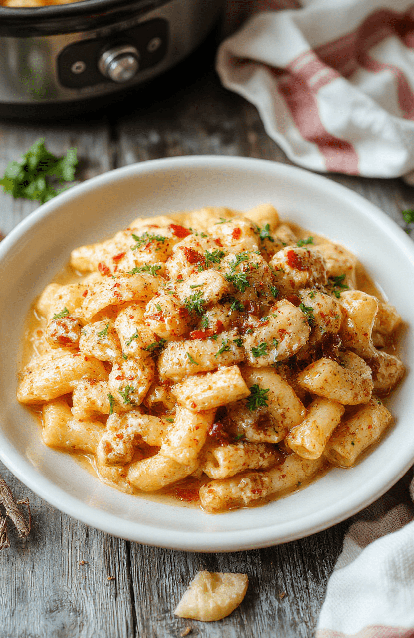 A vibrant plate of creamy Cajun pasta featuring al dente linguine coated in a spicy, creamy sauce, garnished with chopped green onions and sliced red peppers, all on a rustic wooden table with a sprinkle of herbs and a lemon wedge for added color and freshness.