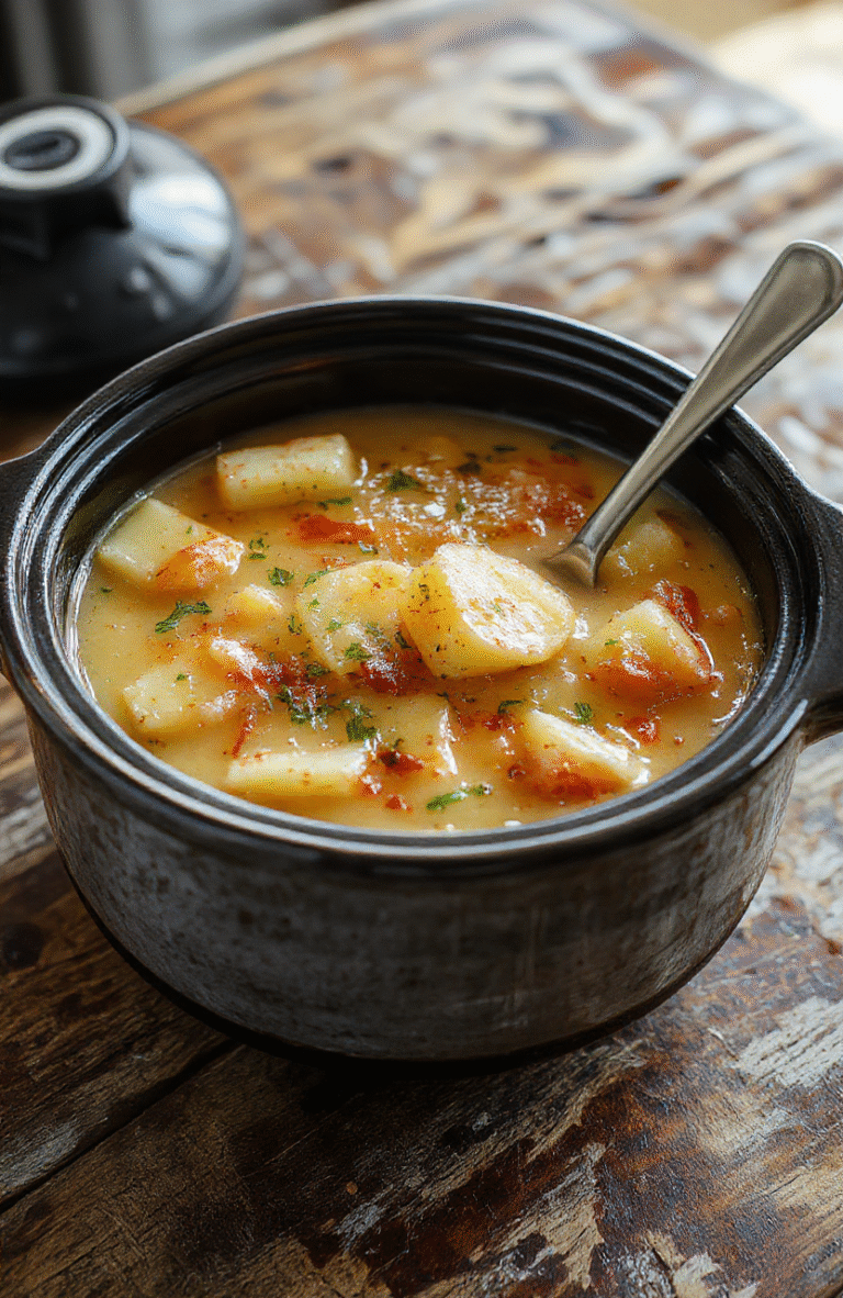A creamy potato soup served in a rustic white bowl, topped with chopped chives and shredded cheese. The soup has a smooth, velvety texture with chunks of tender potatoes, all on a wooden table with a spoon beside. The scene is warm and inviting, evoking comfort and homestyle cooking.