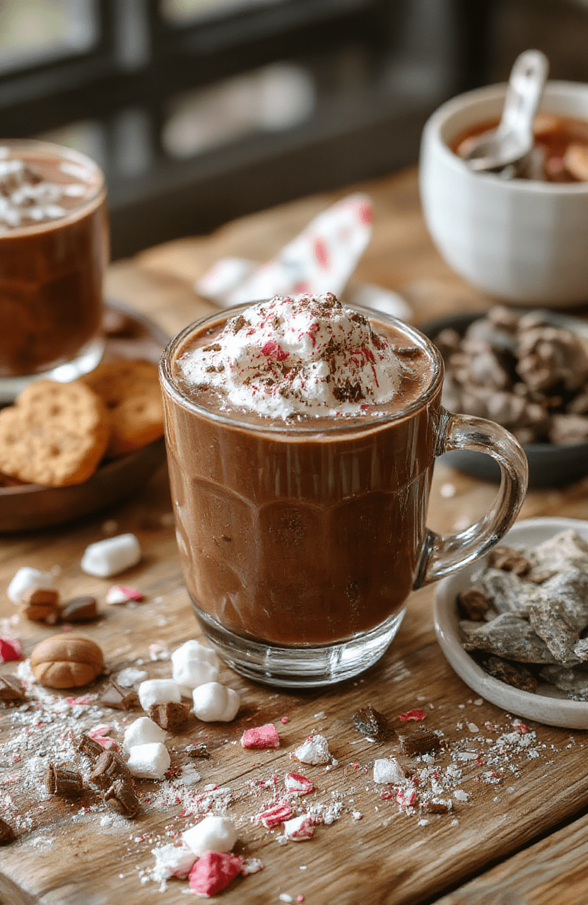 A vibrant hot chocolate bar setup featuring cups of rich, creamy hot cocoa topped with whipped cream, colorful marshmallows, and peppermint sticks, arranged on a rustic wooden table with cozy holiday decorations and warm, inviting lighting.