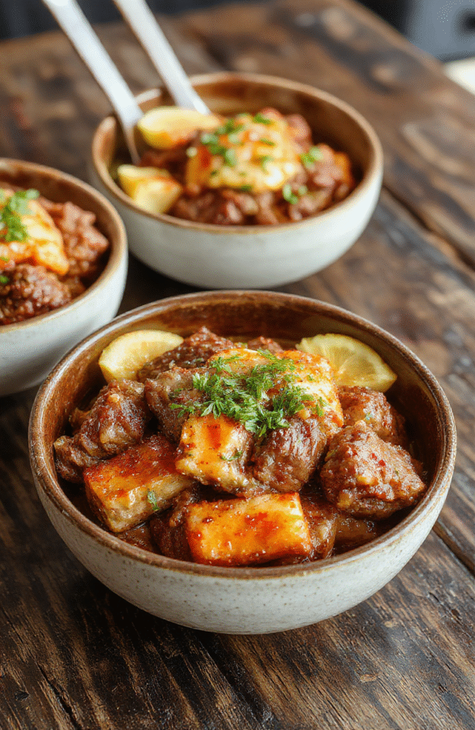 Colorful hibachi steak bowls featuring sliced seared steak glazed with a savory sauce, served over steamed rice with chopped green onions, sesame seeds, and vibrant vegetables arranged on a white ceramic plate, styled simply with a neutral background for a fresh and appetizing look.
