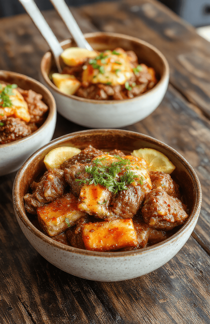 Colorful hibachi steak bowls featuring sliced seared steak glazed with a savory sauce, served over steamed rice with chopped green onions, sesame seeds, and vibrant vegetables arranged on a white ceramic plate, styled simply with a neutral background for a fresh and appetizing look.
