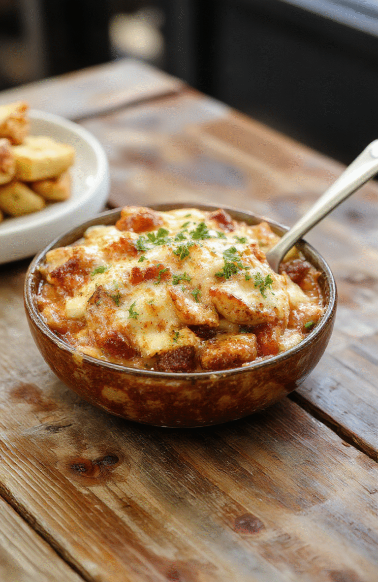 A colorful hobo casserole served in a rustic dish, featuring layers of seasoned ground meat, diced vegetables, and melted cheese, with fresh herbs on top, presented on a wooden table with a warm, inviting atmosphere