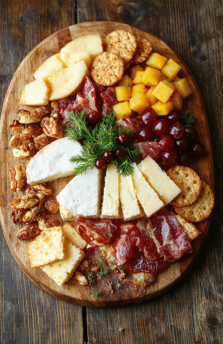 A vibrant, colorful holiday charcuterie board featuring an assortment of cheeses, cured meats, fresh and dried fruits, nuts, and crackers. The board is styled with festive decorations and garnishes, showcasing textures from creamy cheeses to crunchy nuts, set on a rustic wooden surface with soft natural lighting.