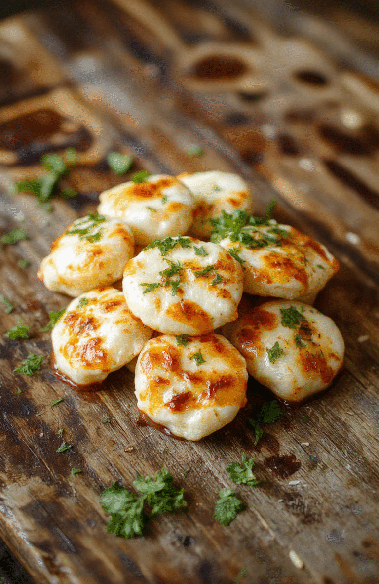 Golden crispy mozzarella bites arranged on a white plate with melted cheese oozing from the center, garnished with fresh basil leaves, served on a rustic wooden surface, with a side of marinara sauce in a small bowl, vibrant colors, appetizing textures, styled casually.