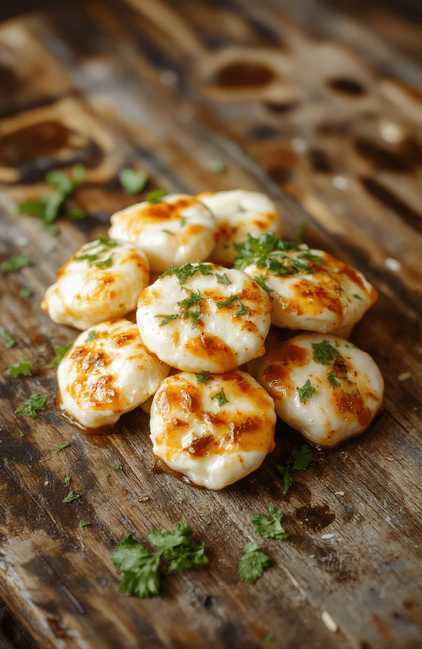 Golden crispy mozzarella bites arranged on a white plate with melted cheese oozing from the center, garnished with fresh basil leaves, served on a rustic wooden surface, with a side of marinara sauce in a small bowl, vibrant colors, appetizing textures, styled casually.