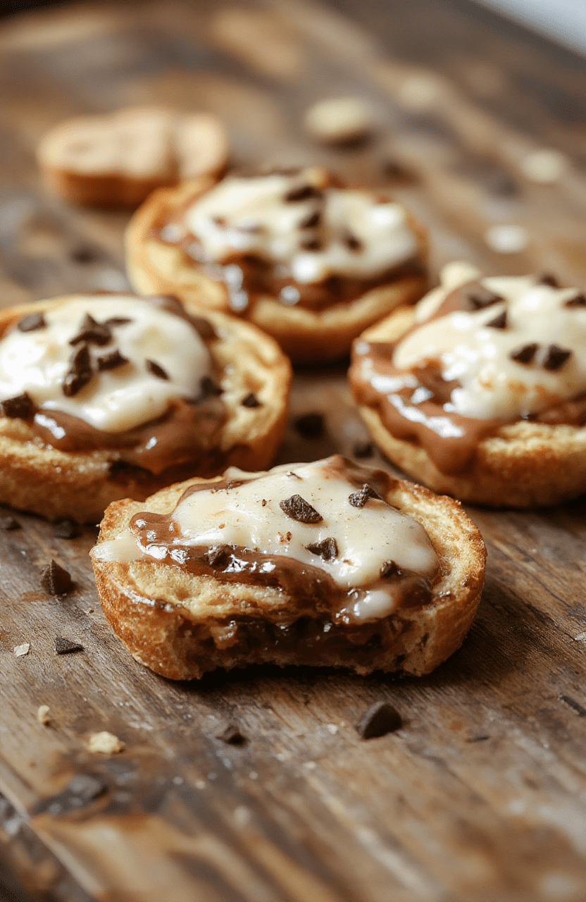 Golden brown Nutella toast pies arranged on a white plate, drizzled with extra Nutella and topped with powdered sugar. The pies have a crispy, flaky exterior with visible swirls of Nutella filling, styled with a rustic background, natural daylight highlighting their glossy surface and inviting texture.