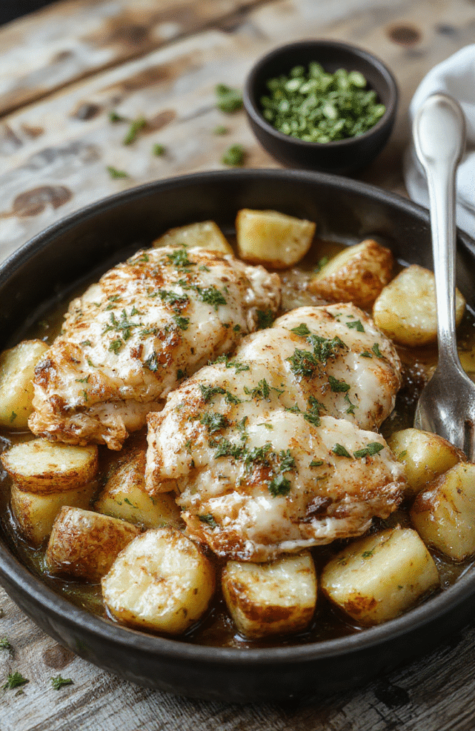 Colorful plate featuring crispy golden-brown chicken breasts topped with fresh chopped parsley, accompanied by tender roasted potatoes with herbs, all served on a rustic white plate. The dish is styled with a sprinkle of grated Parmesan cheese and freshly sliced garlic cloves, garnished with lemon wedges and herbs for a vibrant, appetizing look.