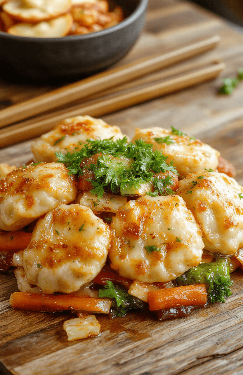 A vibrant plate of potsticker stir fry featuring golden-brown potstickers arranged atop colorful stir-fried vegetables on a rustic wooden table. The dish is garnished with chopped green onions and sesame seeds, showcasing a mix of crispy textures and vibrant colors. The background has a subtle Asian-inspired decor, emphasizing a cozy yet flavorful dinner scene.