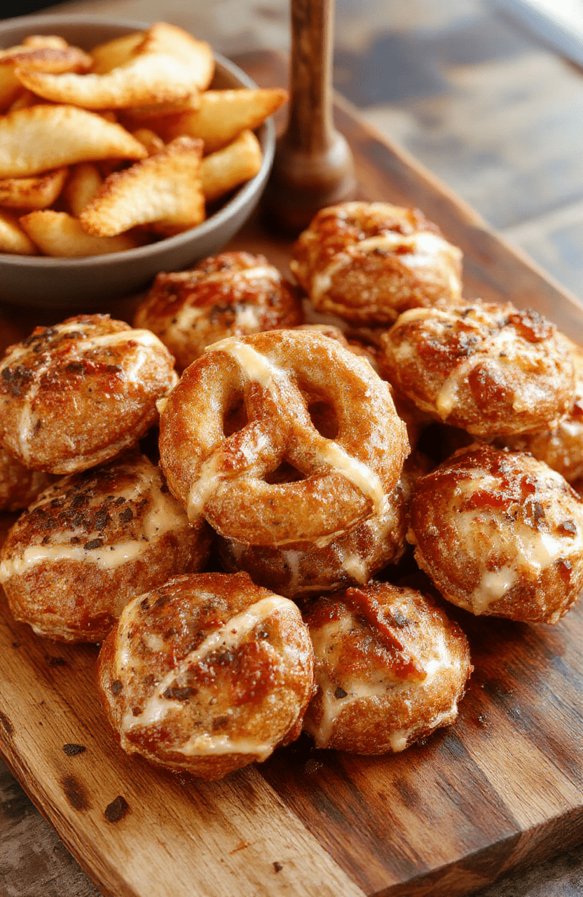 Golden-brown pretzels topped with glossy melted Rolo chocolates, arranged on a rustic wooden platter with a few pretzels broken to show gooey caramel center, styled with light dusting of sea salt, natural lighting highlighting the shiny chocolate and crispy pretzel textures.