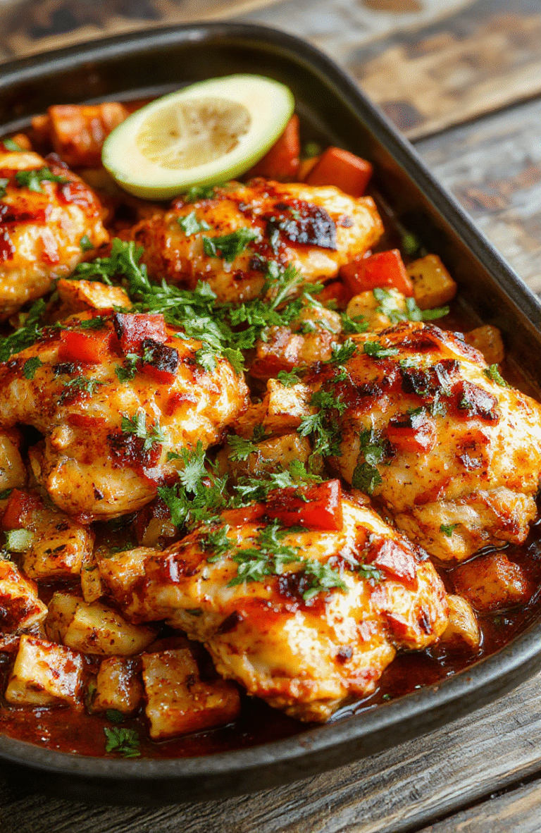 Colorful sheet pan chicken fajitas arranged on a rustic wooden surface, featuring sliced bell peppers, onions, and seasoned grilled chicken strips with a charred, appetizing texture. The dish is garnished with fresh cilantro and lime wedges, styled casually for an inviting, homey look.