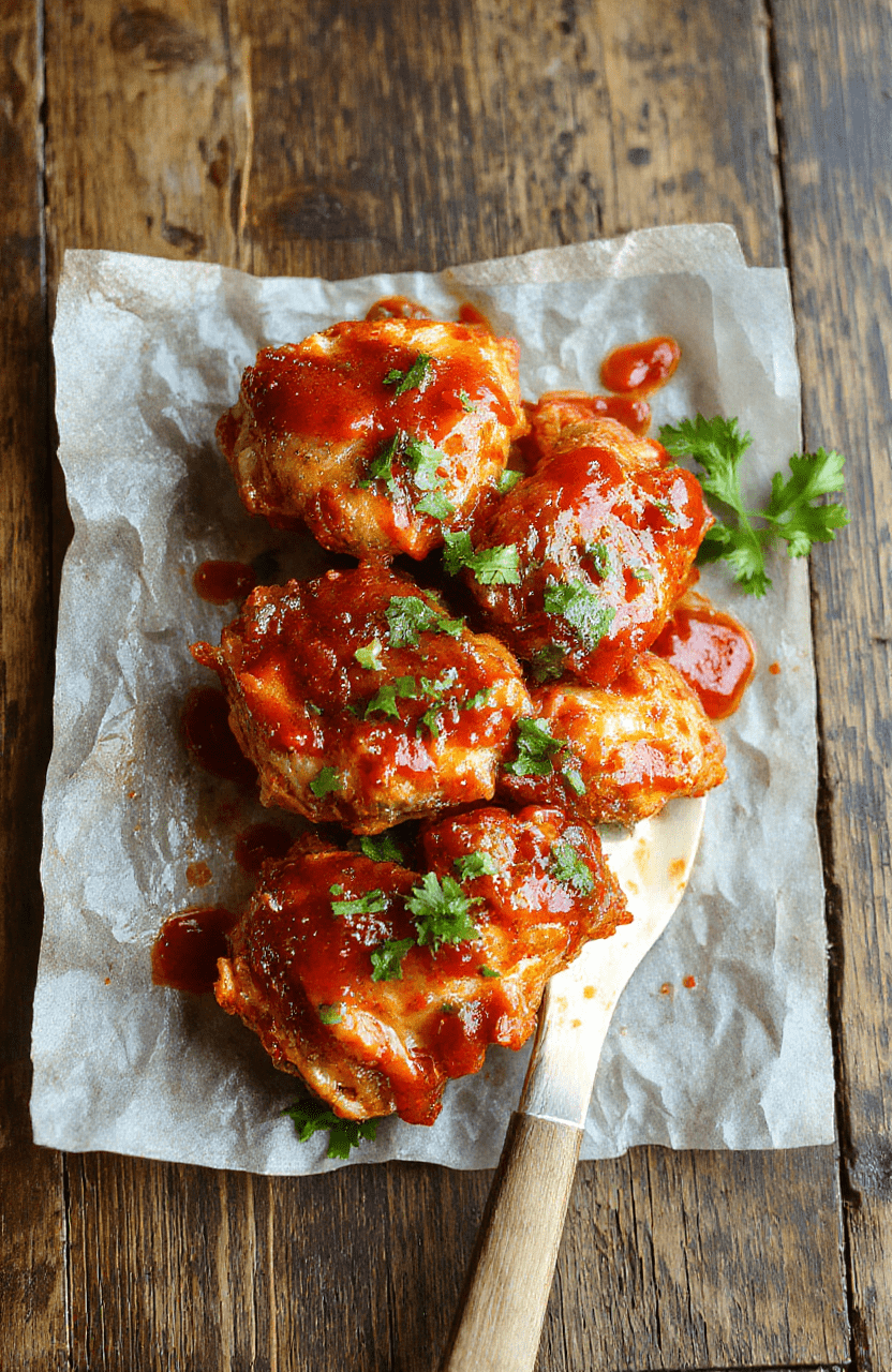 Colorful plate featuring glazed sweet chili chicken pieces, crispy edges, vibrant red chili sauce drizzled over tender chicken, garnished with fresh green cilantro on a rustic white plate, styled simply with a neutral background highlighting the glossy sauce and crispy texture.