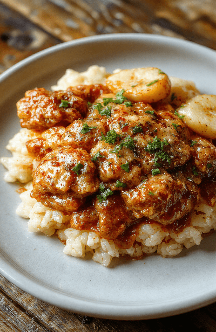 A vibrant plate of smothered chicken served over fluffy rice, garnished with fresh herbs. The chicken has a golden-brown crust and is topped with a rich, creamy sauce. The presentation is rustic yet inviting, highlighting the tender chicken, savory sauce, and perfectly cooked rice with a hint of green herbs for a pop of color.