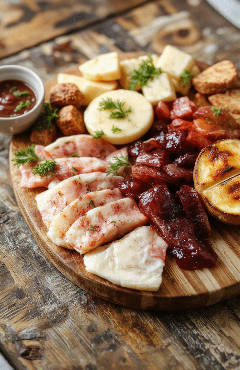 A vibrant charcuterie board featuring an assortment of cheeses, cured meats, fresh fruits, nuts, and bread slices, elegantly arranged on a wooden platter with colorful garnishes, styled for a casual yet stylish gathering.