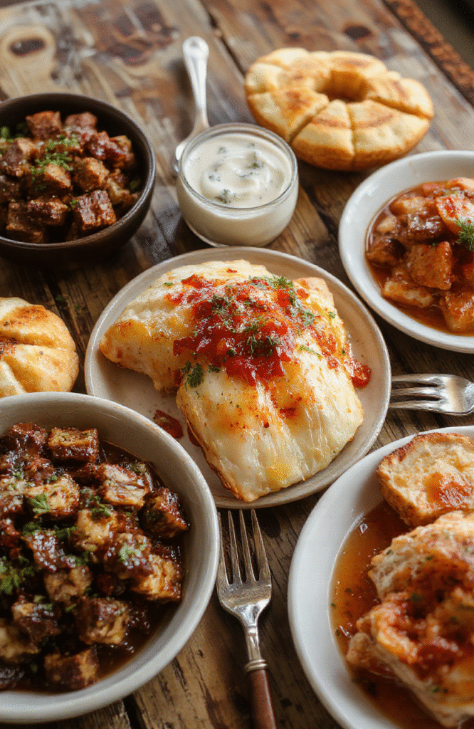 A beautifully plated Southern Thanksgiving dish featuring golden roasted turkey, vibrant green collard greens, and rich sweet potato casserole topped with marshmallows. The scene showcases a rustic wooden table with seasonal decor, warm lighting highlighting the textures of the food, and an inviting holiday atmosphere with festive accents.