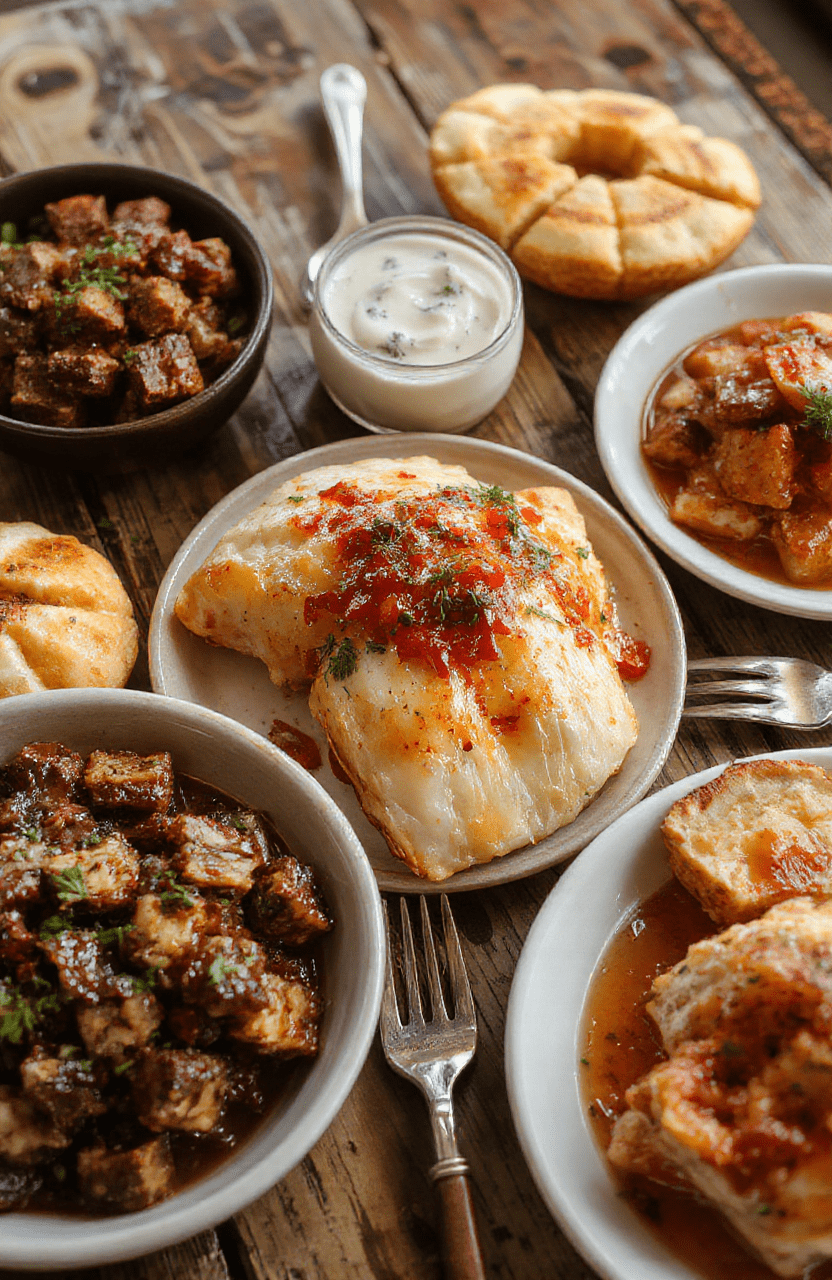 A beautifully plated Southern Thanksgiving dish featuring golden roasted turkey, vibrant green collard greens, and rich sweet potato casserole topped with marshmallows. The scene showcases a rustic wooden table with seasonal decor, warm lighting highlighting the textures of the food, and an inviting holiday atmosphere with festive accents.