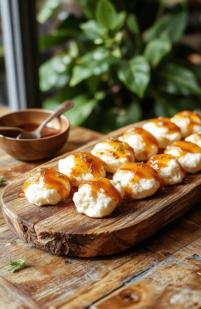 A close-up of elegant goat cheese honey bites arranged on a rustic wooden platter. Each bite features creamy goat cheese topped with golden honey and sprinkled with fresh herbs. The vibrant yellow honey contrasts beautifully with the white cheese, and the bites are styled with colorful garnishes for an inviting presentation.