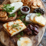 A beautifully arranged cheese board featuring various cheeses, nuts, fruits, and artisanal crackers, styled with fresh herbs on a rustic wooden board, colorful and inviting.