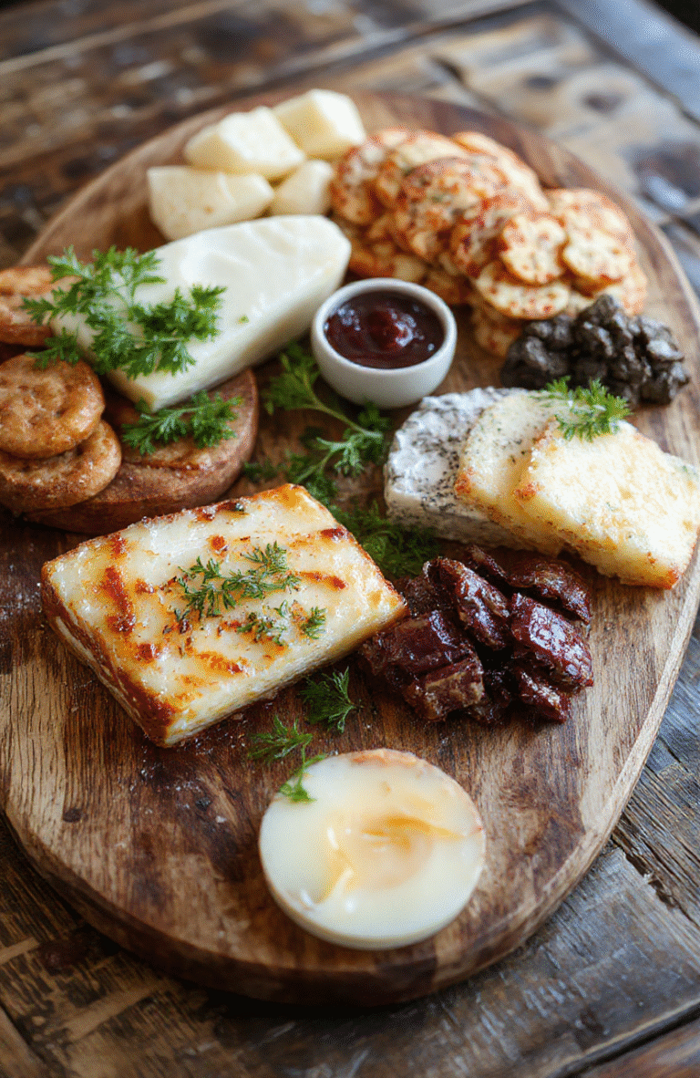 A beautifully arranged cheese board featuring various cheeses, nuts, fruits, and artisanal crackers, styled with fresh herbs on a rustic wooden board, colorful and inviting.
