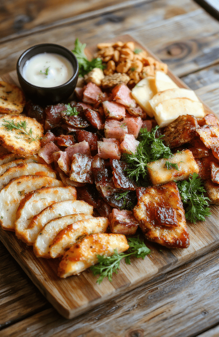 Colorful charcuterie board featuring an assortment of cheeses, cured meats, crackers, fresh fruits, nuts, and garnishes artfully arranged on a rustic wooden platter with vibrant colors and varied textures, styled for a festive party setting