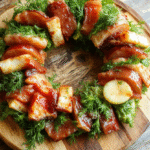 A beautifully arranged circular charcuterie wreath featuring colorful slices of cured meats, assorted cheeses, fresh fruits, nuts, and herbs on a rustic wooden platter, styled for a festive holiday setting with soft lights and seasonal decorations.