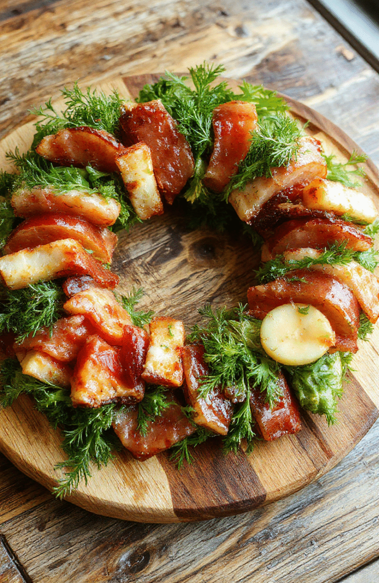A beautifully arranged circular charcuterie wreath featuring colorful slices of cured meats, assorted cheeses, fresh fruits, nuts, and herbs on a rustic wooden platter, styled for a festive holiday setting with soft lights and seasonal decorations.