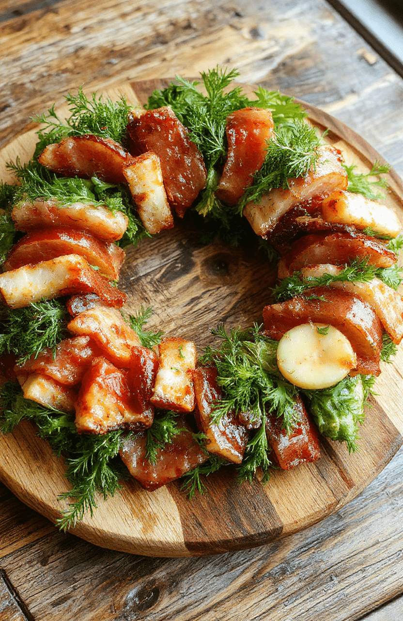 A beautifully arranged circular charcuterie wreath featuring colorful slices of cured meats, assorted cheeses, fresh fruits, nuts, and herbs on a rustic wooden platter, styled for a festive holiday setting with soft lights and seasonal decorations.