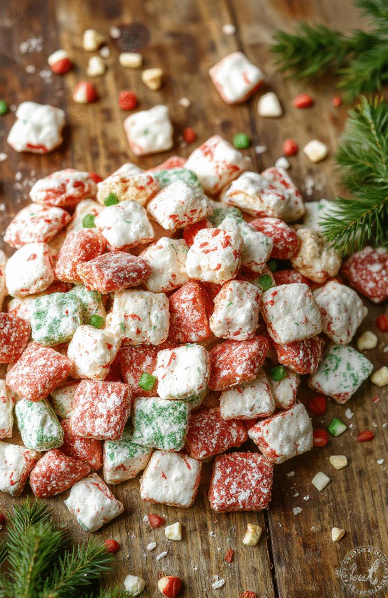 A vibrant bowl of festive puppy chow coated in colorful holiday sprinkles and powdered sugar, displayed on a rustic wooden table with holiday decor in the background. The snack has a glossy, crunchy texture with bits of chocolate and colorful candies visible, styled in a cheerful holiday theme.