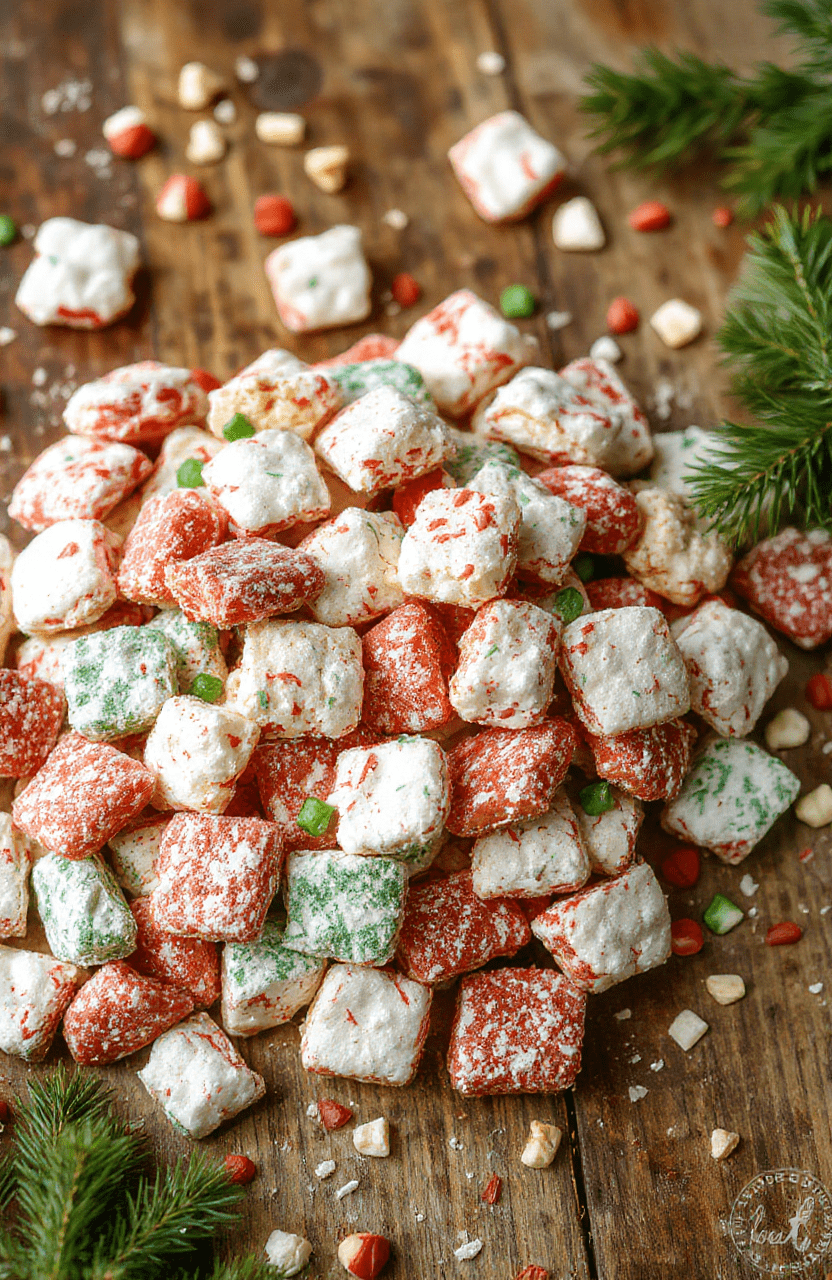 A vibrant bowl of festive puppy chow coated in colorful holiday sprinkles and powdered sugar, displayed on a rustic wooden table with holiday decor in the background. The snack has a glossy, crunchy texture with bits of chocolate and colorful candies visible, styled in a cheerful holiday theme.