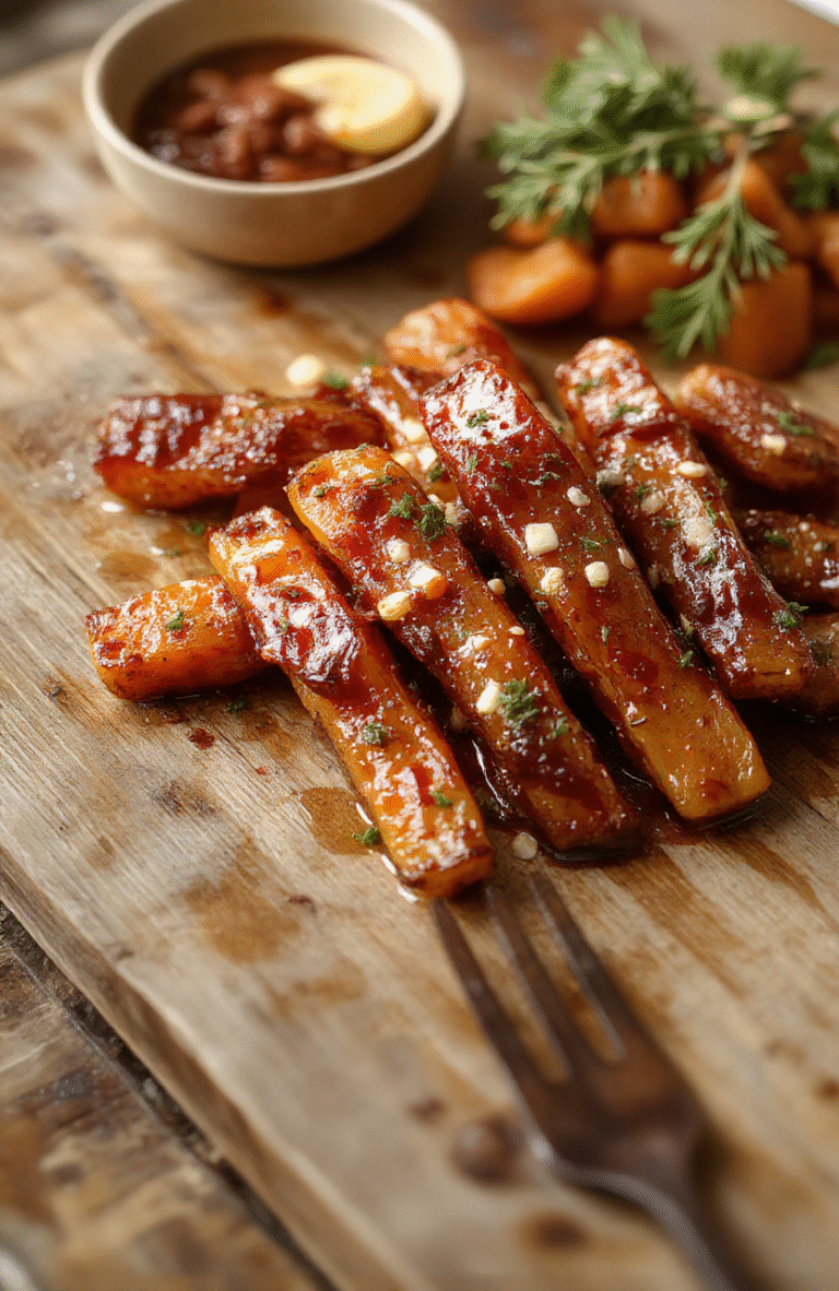 Colorful glazed carrots arranged on a white ceramic plate, topped with fresh parsley, showcasing their glossy caramelized surface, set against a rustic wooden table with soft natural lighting, styled simply for a warm holiday meal.