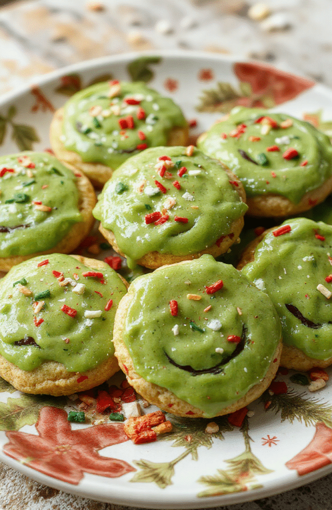 Colorful festive Grinch cookies arranged on a holiday-themed plate, with vibrant green icing, red and white sprinkles, and a holiday backdrop, textured surface, styled with holiday decor, looking cheerful and inviting.