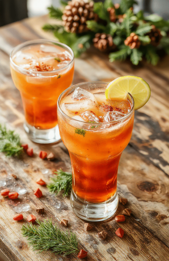 A vibrant glass of festive spiced margarita garnished with orange slices, a cinnamon stick, and a sugared rim, set against a warm holiday backdrop with festive decorations and twinkling lights. The drink has a rich amber hue, textured salt crust around the rim, and fresh herbs for an inviting holiday vibe.