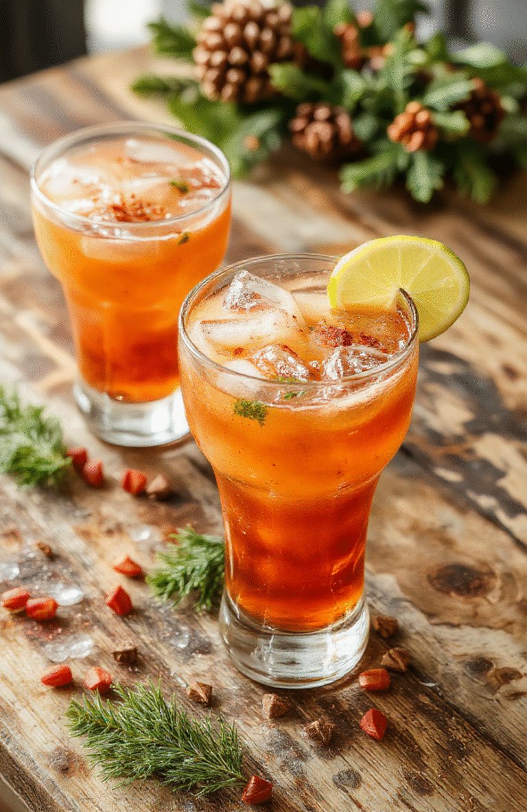 A vibrant glass of festive spiced margarita garnished with orange slices, a cinnamon stick, and a sugared rim, set against a warm holiday backdrop with festive decorations and twinkling lights. The drink has a rich amber hue, textured salt crust around the rim, and fresh herbs for an inviting holiday vibe.