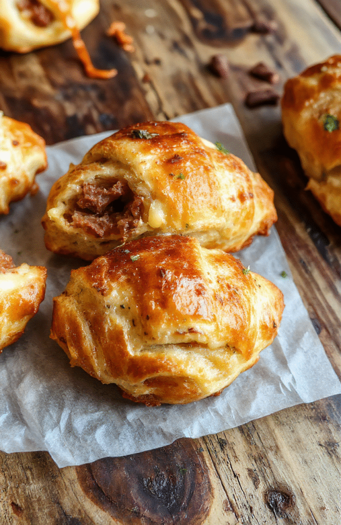 Golden-brown flaky croissants filled with melted cheese and cooked beef, arranged on a rustic wooden platter with a soft focus background, showcasing crispy textures and gooey cheese.