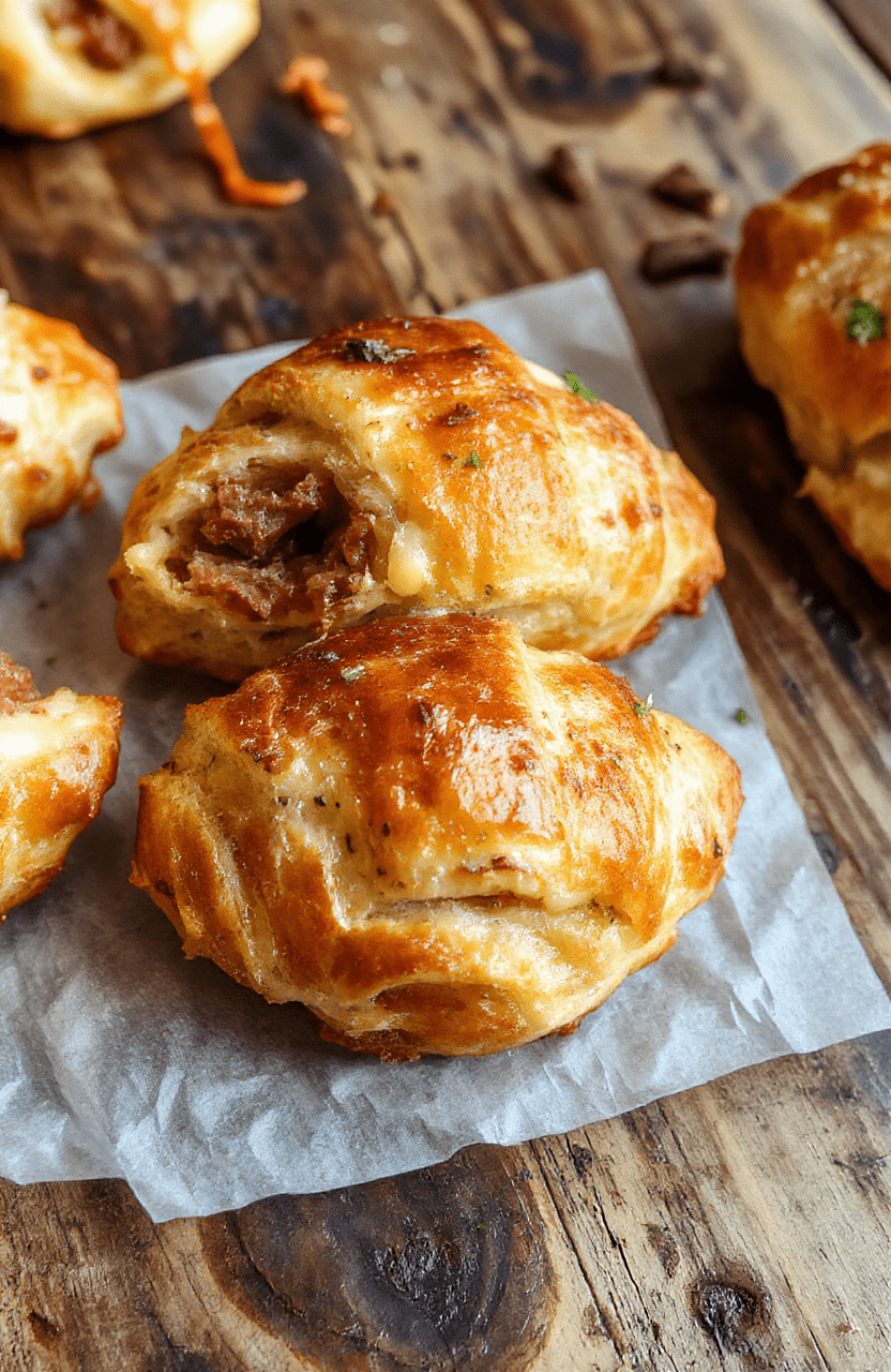 Golden-brown flaky croissants filled with melted cheese and cooked beef, arranged on a rustic wooden platter with a soft focus background, showcasing crispy textures and gooey cheese.